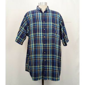 Vintage 90s Shirt Blue Plaid Short Sleeve Button Front by Lands End| Vintage Men's XLT