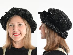 Vintage 1960s Black Straw Velvet Trim Split Brim Bubble Bucket Hat by Christian Dior