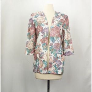 Vintage 90s Jacket Cream Floral Damask Open Front Pockets by S.L. Petites | Vintage 8P 8 Petite