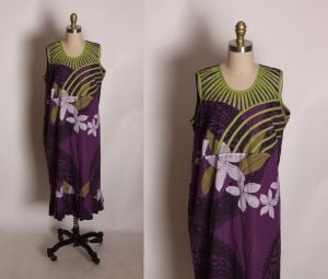 1970s 1980s Purple, Green and White Sleeveless Cage Collar Hawaiian Muu Muu Dress - XXL