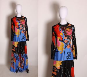 1970s Red, Black & Yellow Abstract Japanese Look Floral Swirl Wide Leg Pants w/ Matching Blouse