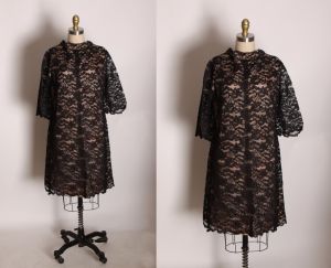 1960s Sheer Black Lace Overlay Nude Illusion Nude Tone 3/4 Length Sleeve Dress - L