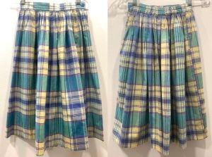 70s Madras Cotton Skirt | Teal Blue Yellow Lavender Plaid Pleated | XXS/XS 22- 25'' waist - Fashionconstellate.com