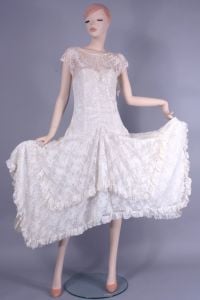 Vintage 1970s DEADSTOCK Off White Lace Frilly Full Wedding Dress | XS/S - Fashionconstellate.com