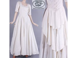 Vintage Size 8 LAURA ASHLEY Off White Cotton Cottagecore Damask Wedding Dress Gown Bustle | XS/S