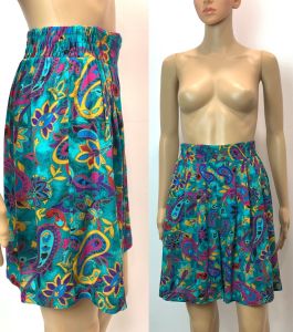 80s 90s High Waist Flowy Rayon Shorts | Wide Leg Teal & Multicolor Floral | Petite fits XS/S 25 - 26