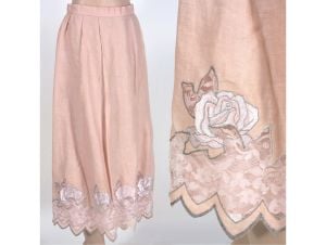 Vintage 1980s Pastel Pink Blush Embroidered Lace Dainty Long Maxi Skirt | S