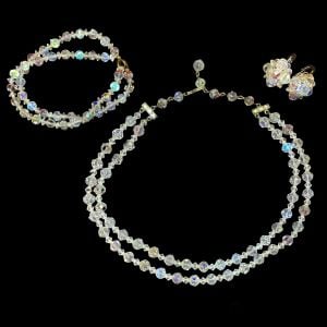 Vintage 50s Austrian MCM Aurora Borealis Crystal Necklace Bracelet Earring Set - Fashionconstellate.com
