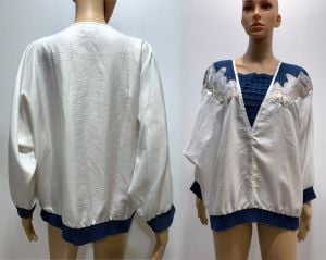 80s Denim & Parachute Batwing Pullover | Bling Blue and White Oversized Tunic Top | S/M/L - Fashionconstellate.com