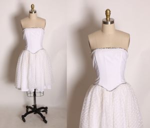 1980s White and Silver Strapless Tulle Prom Pageant Princess Mini Dress - XS