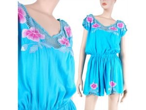 Vintage 1970s Teal Embroidered Cutout Bali Beach Airy Playsuit Romper 70s | S/M/L