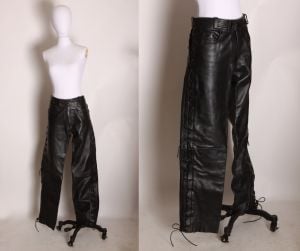 1980s Black Leather Lace Up Sides Motorcycle Biker Pants by First Genuine Leather - XL