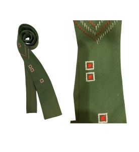 50s Rockabilly Square End Tie | Green with Orange Off White Embroidery | Mid Century