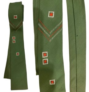 50s Rockabilly Square End Tie | Green with Orange Off White Embroidery | Mid Century - Fashionconstellate.com