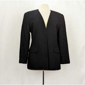 Vintage 90s Jacket Black Wool Open Front Blazer 10P 10 Petite Talbots