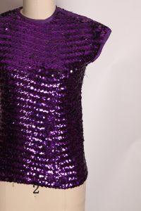 1960s Purple Sequin Short Sleeve Stretch Costume Blouse - S - Fashionconstellate.com