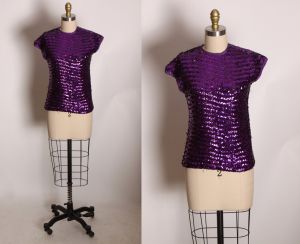 1960s Purple Sequin Short Sleeve Stretch Costume Blouse - S