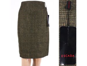 Vintage Size 40 DEADSTOCK 00s ESCADA Green Plaid Wool Silk Rock Skirt | XL