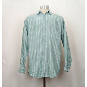 Vintage 80s Shirt Aqua Green Stripe Button Front Cotton by Eddie Bauer | Men's Large Tall LT
