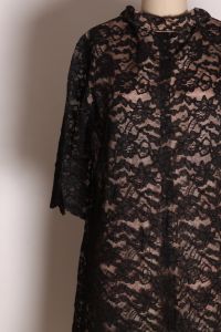 1960s Sheer Black Lace Overlay Nude Illusion Nude Tone 3/4 Length Sleeve Dress - L - Fashionconstellate.com