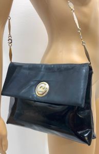 60s 70s Rare MOD Pierre Cardin Black Patent Leather Bag with Logo Chain | Chic Designer Shoulder Bag - Fashionconstellate.com