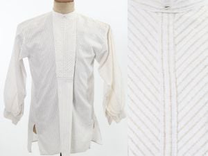 Antique 1800s Pullover White & Brown Vertical Chevron Pattern Front Placket Mens Shirt | AS IS |M/L - Fashionconstellate.com