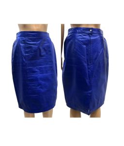 80s 90s Cobalt Blue Leather Pencil Skirt by Cayenne | Vintage Size 9/10  W 27.5''