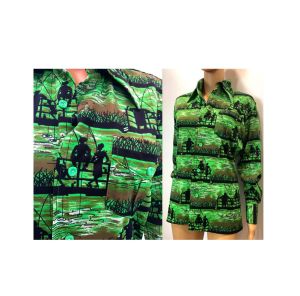 70s Novelty Print Polyester Shirt | Green Fishing Print by Martini | Men 38'' Chest Women S 