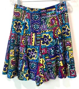 80s 90s Ultra High Waist Wide Leg Rayon Shorts | Bold Print Multicolor| fits 27 - 28'' W - Fashionconstellate.com