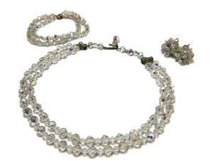 Vintage 50s Austrian MCM Aurora Borealis Crystal Necklace Bracelet Earring Set