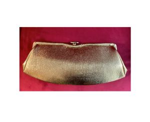 50s 60s Gold Lamé Clutch | Mod Evening Bag | Crinkle Foil | 14'' x 6.25'' x 2''