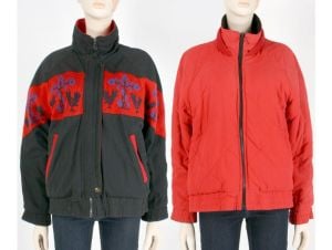 Vintage 80s Reversible Red Black Folk Rooster Knit Puffer Jacket Coat Unisex | XL +/-