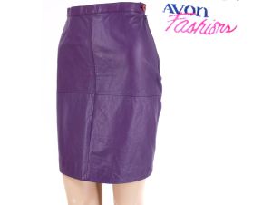 Vintage 1980s Size 9/10 AVON Purple Leather High Waist Knee Pencil Skirt | S