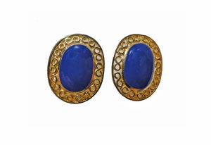 Bold 80's Blue Enamel Oval Earrings Gold Tone Pierced Statement Costume Fashion Jewelry