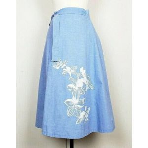 Vintage 80s Wrap Skirt Blue White Floral A-Line One Size Fits All OSFA