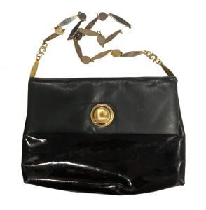 60s 70s Rare MOD Pierre Cardin Black Patent Leather Bag with Logo Chain | Chic Designer Shoulder Bag