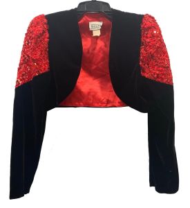 80s Black Velvet Bolero Jacket w Red Lace Shoulders | Sequins | Evening Glam Shrug | Fits XS / S - Fashionconstellate.com