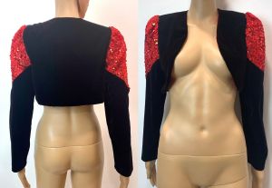 80s Black Velvet Bolero Jacket w Red Lace Shoulders | Sequins | Evening Glam Shrug | Fits XS / S