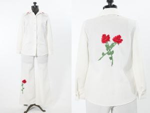 Vintage 1970s Funky Pink Red Rose Appliqués White Shirt & High Waisted Wide Flare Pants Suit | S/M