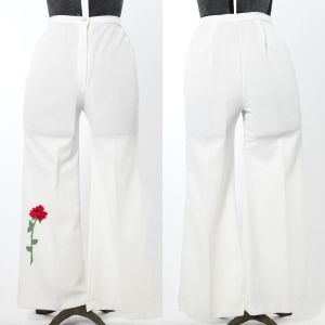 Vintage 1970s Funky Pink Red Rose Appliqués White Shirt & High Waisted Wide Flare Pants Suit | S/M - Fashionconstellate.com