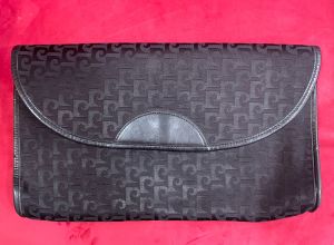 70s Black Pierre Cardin Large Envelope Clutch Jacquard & Leather Monogram Signature Bag | 13.5'' x 8'' - Fashionconstellate.com