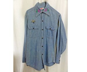 Men's Vintage 70s Levi's Shirt Denim Chambray with Handmade Embroidery