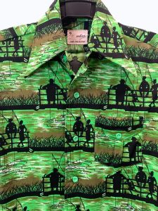 70s Novelty Print Polyester Shirt | Green Fishing Print by Martini | Men 38'' Chest Women S  - Fashionconstellate.com