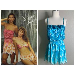 Rare 80s DeWeese 2-pc Swim Set w/Swimsuit & Skirt Matching Blue Turquoise Suit | M