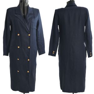 Vintage 1980s Navy Blue Linen Double Breasted Duster Coat by Brooks Brothers | XS/S