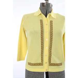 Vintage 1960s Yellow Bouclé Knit Brown Geometric Print Cardigan Sweater by Talbott Travler  |  XL - Fashionconstellate.com