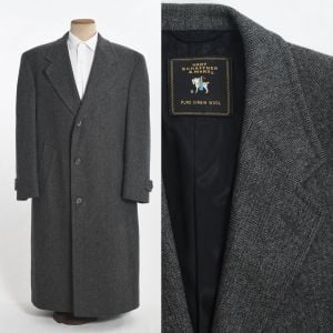 Vintage 1980s Gray Black Herringbone Wool Overcoat by Hart Schaffner & Marx | Size 40R