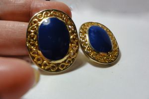 Bold 80's Blue Enamel Oval Earrings Gold Tone Pierced Statement Costume Fashion Jewelry - Fashionconstellate.com
