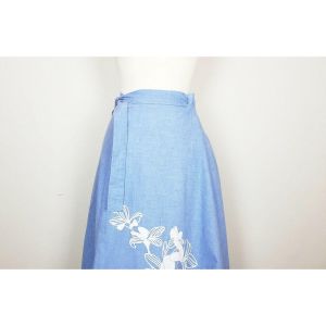 Vintage 80s Wrap Skirt Blue White Floral A-Line One Size Fits All OSFA - Fashionconstellate.com