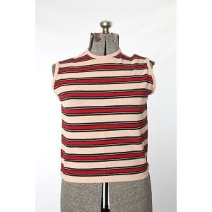 Vintage 1960s Beige Red Striped Bouclé Knit Sleeveless Shirt by Talbott Taralast | L/XL